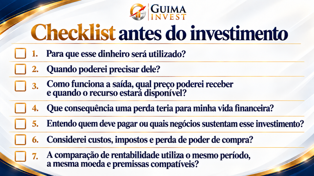 Checklist com sete perguntas sobre objetivo, prazo, liquidez, consequências de perdas, funcionamento do investimento, custos e comparação de rentabilidade.