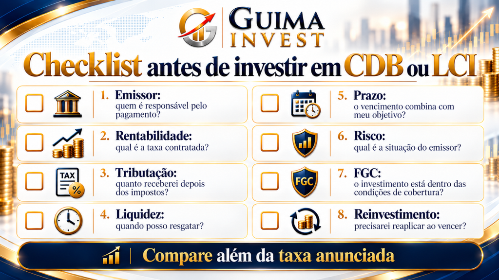 Checklist CDB ou LCI: oito critérios para comparar emissor, rentabilidade, tributação, liquidez, prazo, risco, FGC e reinvestimento antes de investir.