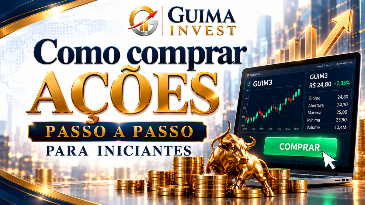 Ilustração de como comprar ações passo a passo para iniciantes, com plataforma de negociação, gráfico de ações e botão de compra.