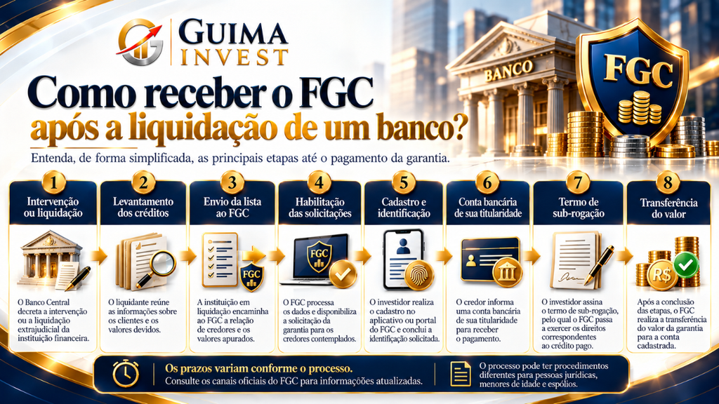 Passo a passo para receber o Fundo Garantidor de Créditos após a liquidação de um banco, da identificação dos créditos ao pagamento.