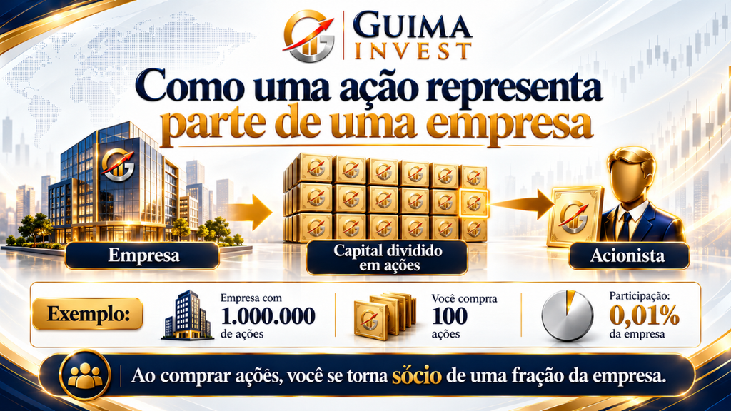 O que são ações: ilustração de uma empresa com capital dividido em ações e participação de um acionista.