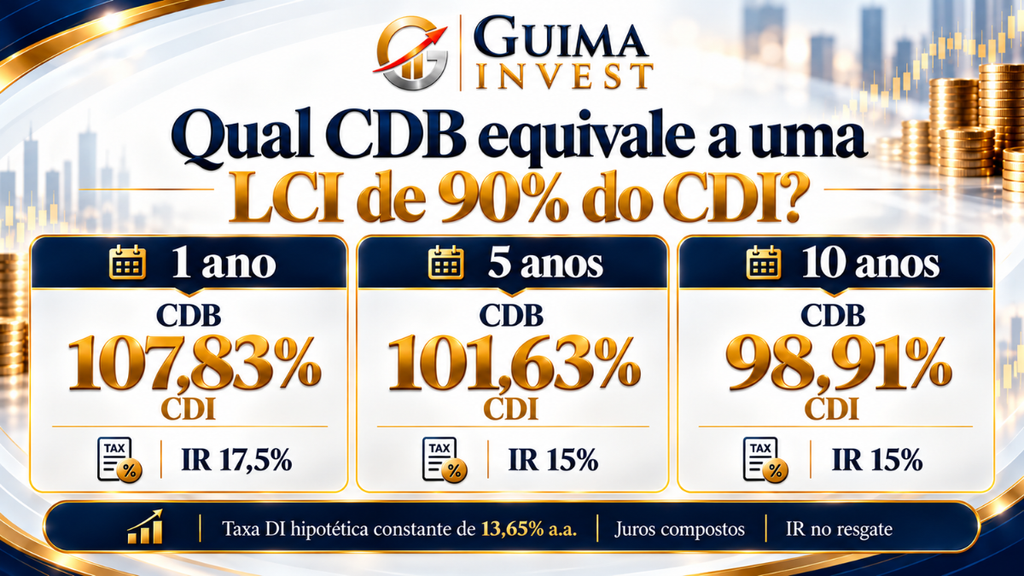 CDB ou LCI: taxa equivalente de uma LCI a 90% do CDI em 1, 5 e 10 anos, considerando o Imposto de Renda.