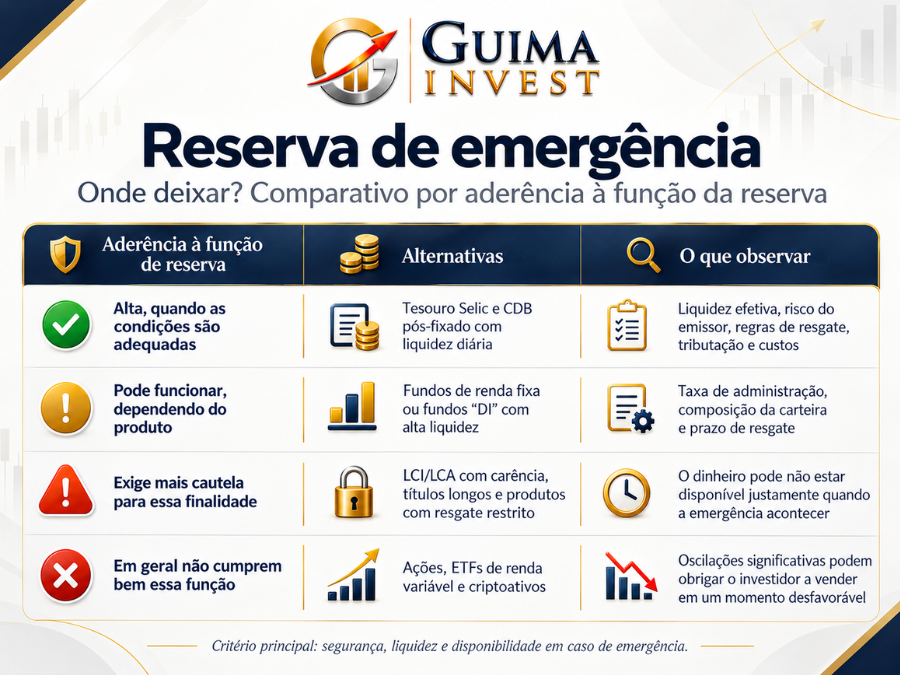 Comparação de investimentos segundo sua adequação para uma reserva de emergência.