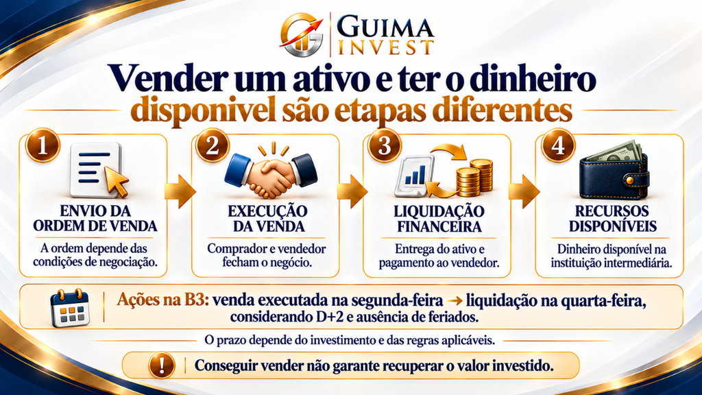 Etapas da venda de um ativo: envio da ordem, execução, liquidação financeira e recursos disponíveis, com exemplo de liquidação de ações em D+2.