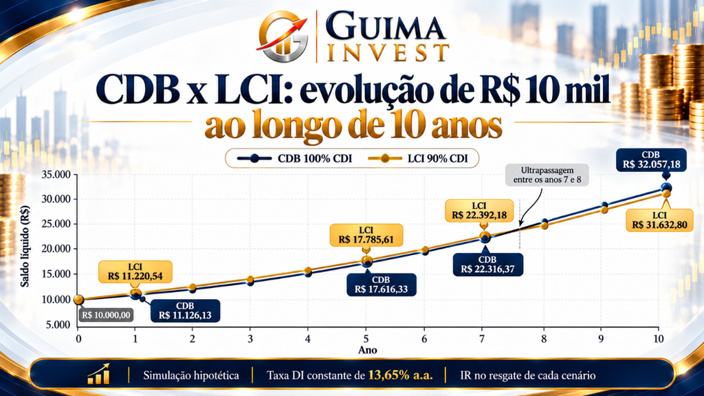 CDB ou LCI: gráfico comparativo da rentabilidade líquida de R$ 10 mil investidos em CDB a 100% do CDI e LCI a 90% do CDI ao longo de 10 anos.