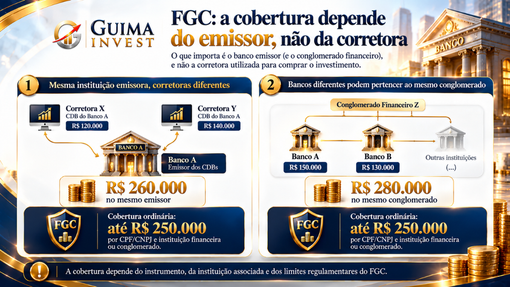 Fundo Garantidor de Créditos: infográfico mostrando como investimentos em diferentes corretoras e bancos do mesmo conglomerado compartilham limites.