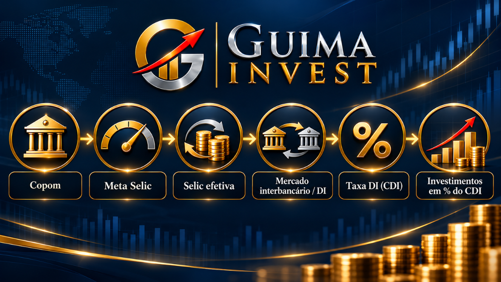 Infográfico explica o que é CDI e sua relação com o Copom, a Meta Selic, a Selic efetiva, o mercado interbancário e os investimentos atrelados ao CDI.