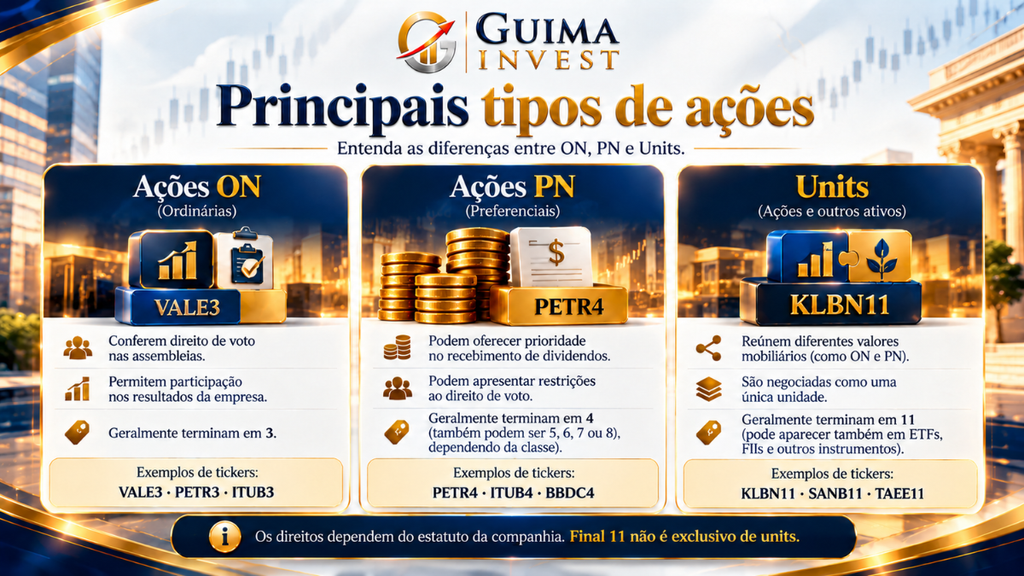O que são ações: infográfico comparativo de ações ordinárias ON, preferenciais PN e units, com exemplos de códigos de negociação.