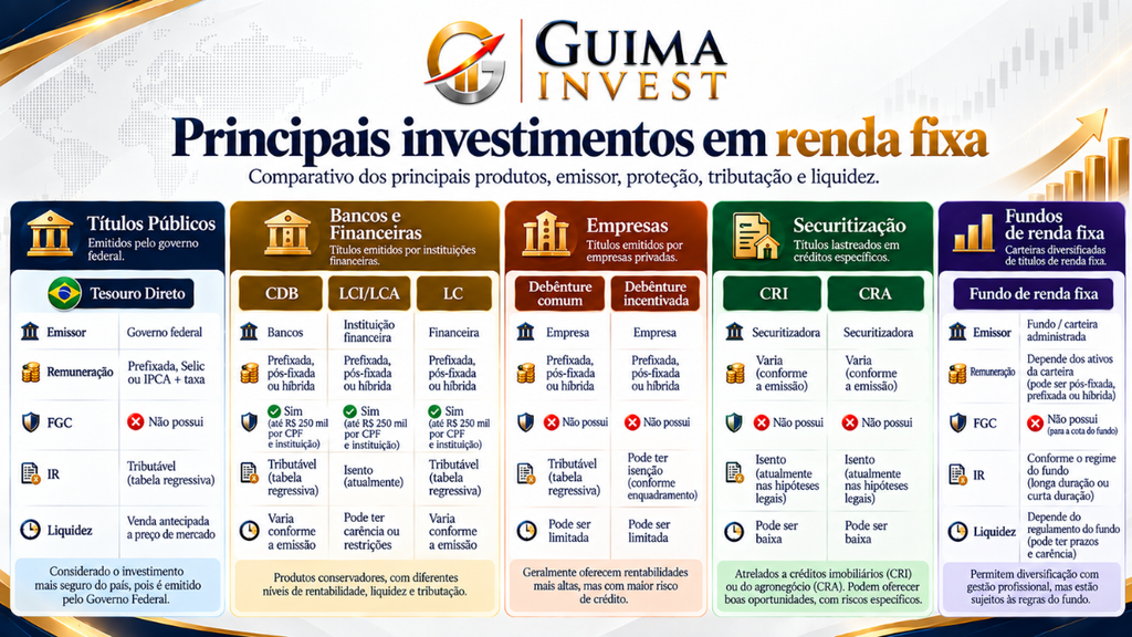 Principais forma de investir em renda fixa, organizados entre títulos públicos, produtos bancários, crédito privado, securitização e fundos.