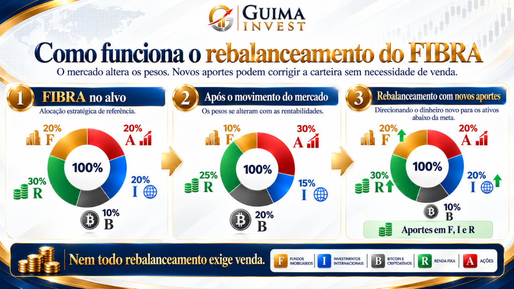 Rebalanceamento do Protocolo FIBRA mostrando carteira no alvo, desbalanceada e corrigida com novos aportes