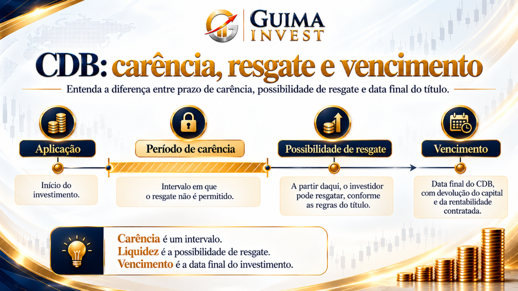 Infográfico GUIMA INVEST que explica como funciona o CDB, mostrando a linha do tempo entre aplicação, período de carência, possibilidade de resgate e vencimento.