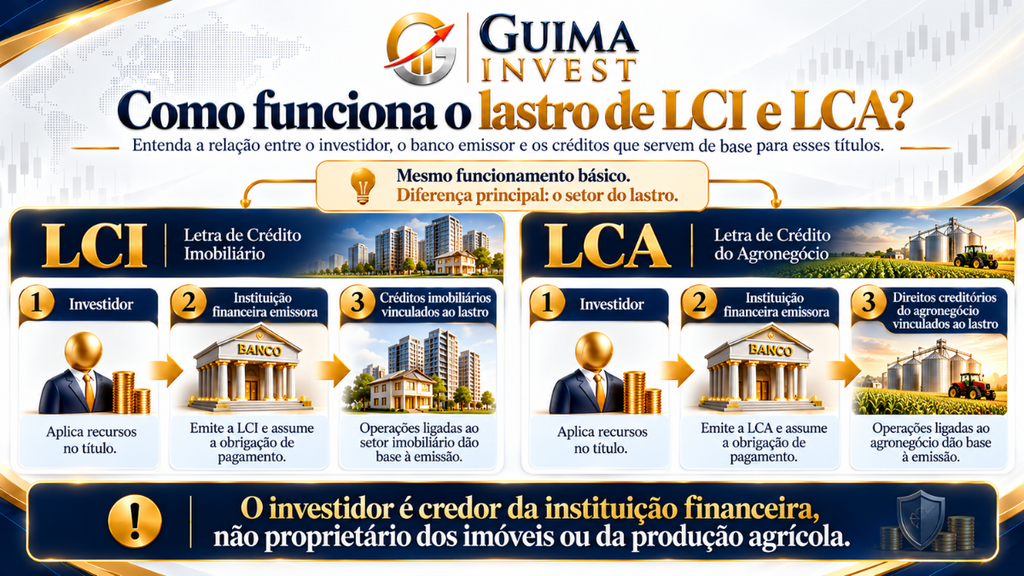 Infográfico sobre LCI e LCA que explica como funciona o lastro desses investimentos, mostrando a relação entre investidor, banco emissor e créditos imobiliários ou do agronegócio.