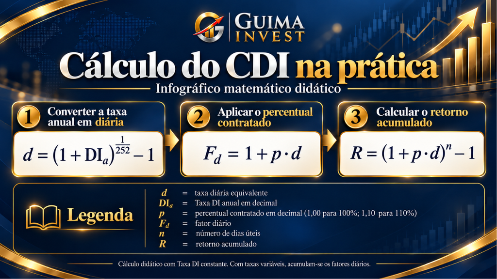 Infográfico GUIMA INVEST mostra como calcular o rendimento atrelado ao CDI em três etapas: conversão da taxa anual em diária, aplicação do percentual contratado e cálculo do retorno acumulado.