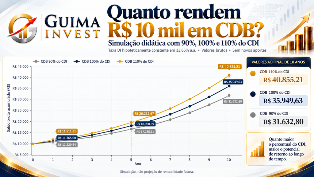 Gráfico GUIMA INVEST mostrando quanto rendem R$ 10 mil em CDB a 90%, 100% e 110% do CDI, com simulação de juros compostos ao longo de 10 anos.