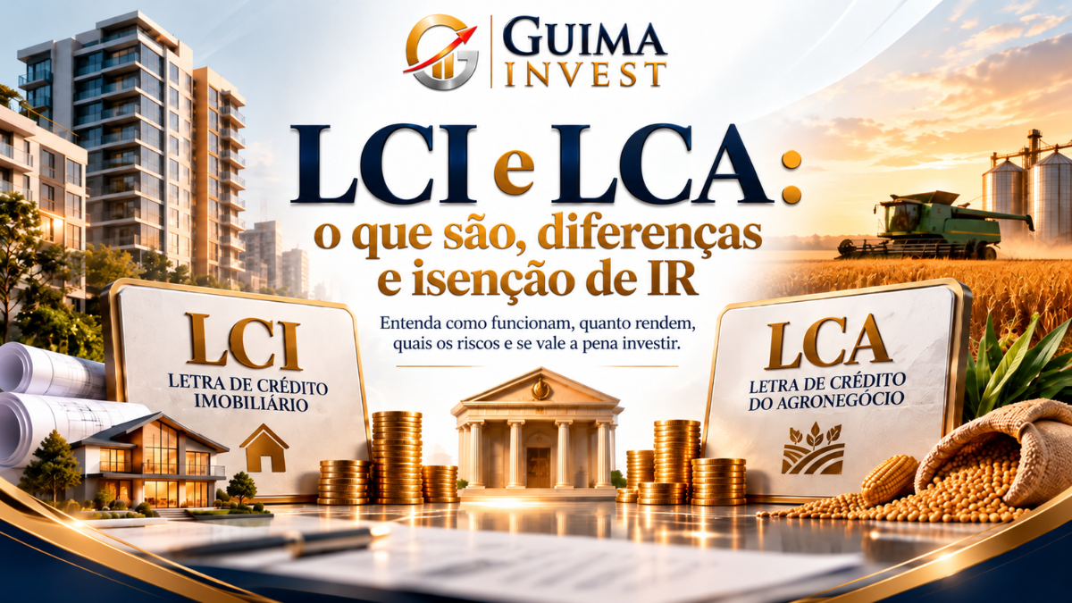 LCI e LCA: imagem de capa com imóveis, agronegócio e elementos financeiros que representam as diferenças entre os títulos e a isenção de Imposto de Renda.