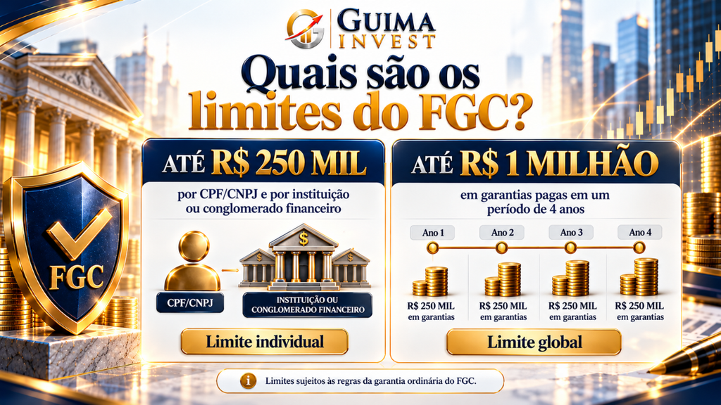 Limites do Fundo Garantidor de Créditos: até R$ 250 mil por titular e instituição ou conglomerado e R$ 1 milhão em quatro anos.