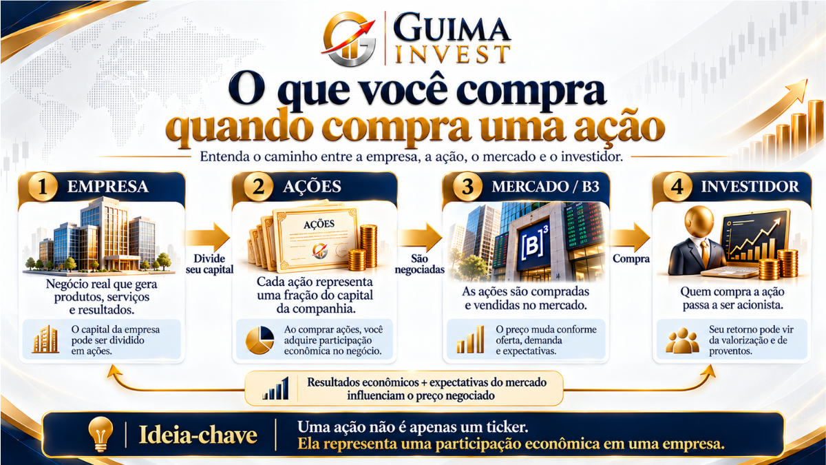 Como funciona a compra de uma ação: da participação em uma empresa à negociação na bolsa e à carteira do investidor.