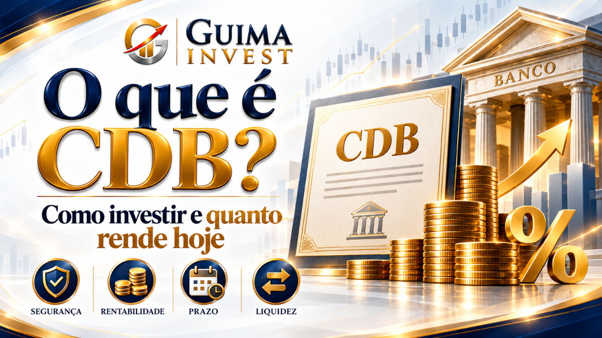 Capa GUIMA INVEST sobre o que é CDB e como investir em CDB, ilustrada com certificado bancário, moedas e gráficos de rentabilidade, abordando segurança, prazo, liquidez e quanto rende um CDB hoje.
