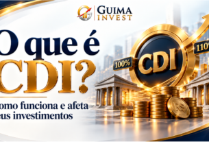 Capa do artigo “O que é CDI e como ele afeta seus investimentos”, com ilustração de bancos, moedas e indicadores de 100% e 110% do CDI, explicando como funciona o CDI e sua relação com a rentabilidade dos investimentos.