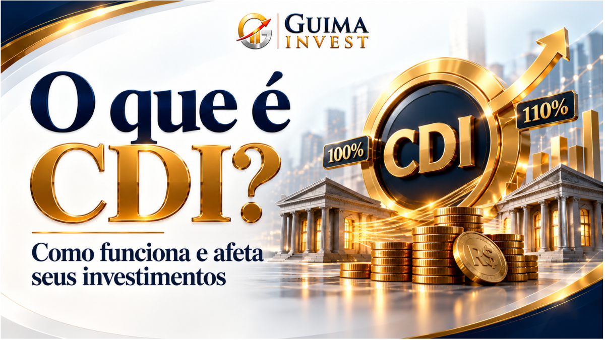 Capa do artigo “O que é CDI e como ele afeta seus investimentos”, com ilustração de bancos, moedas e indicadores de 100% e 110% do CDI, explicando como funciona o CDI e sua relação com a rentabilidade dos investimentos.