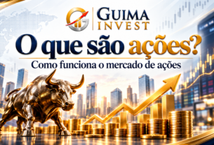 O que são ações: imagem de capa sobre como funciona o mercado de ações, com touro da bolsa, gráfico de alta e moedas.