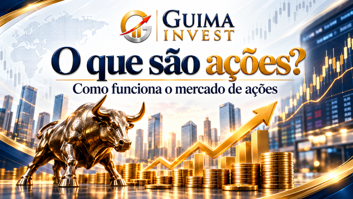 O que são ações: imagem de capa sobre como funciona o mercado de ações, com touro da bolsa, gráfico de alta e moedas.