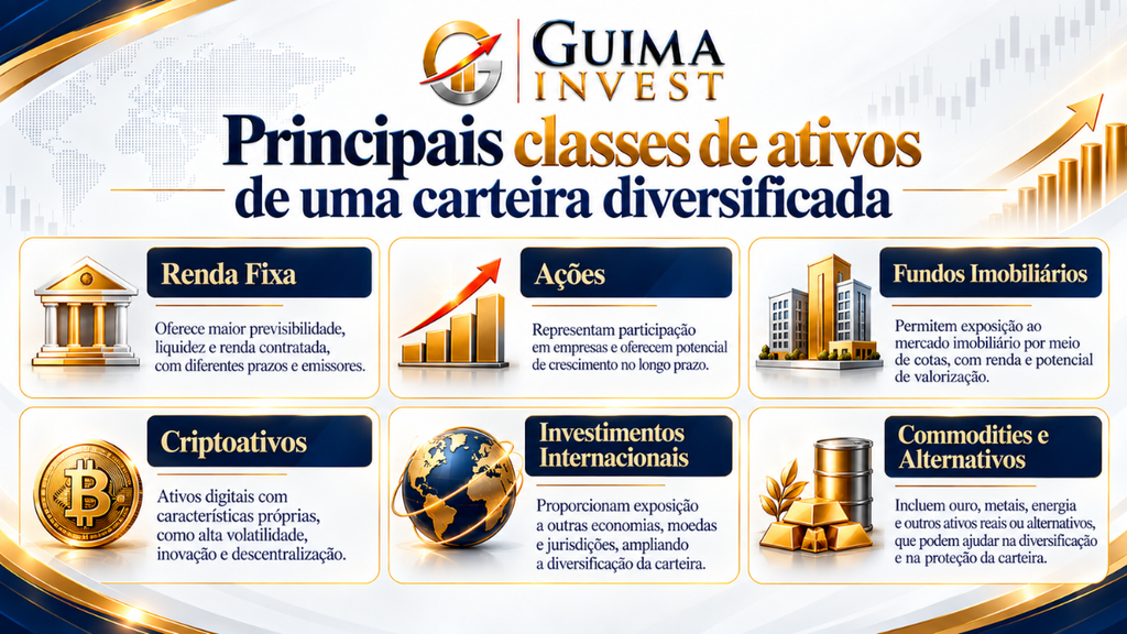 Principais classes de ativos usadas para sabermos como montar uma carteira de investimentos diversificada: renda fixa, ações, FIIs, criptoativos, investimentos internacionais e commodities

