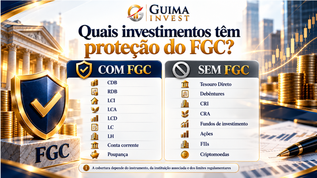 Tabela dos investimentos cobertos e não cobertos pelo Fundo Garantidor de Créditos, incluindo CDB, LCI, LCA e Tesouro Direto.