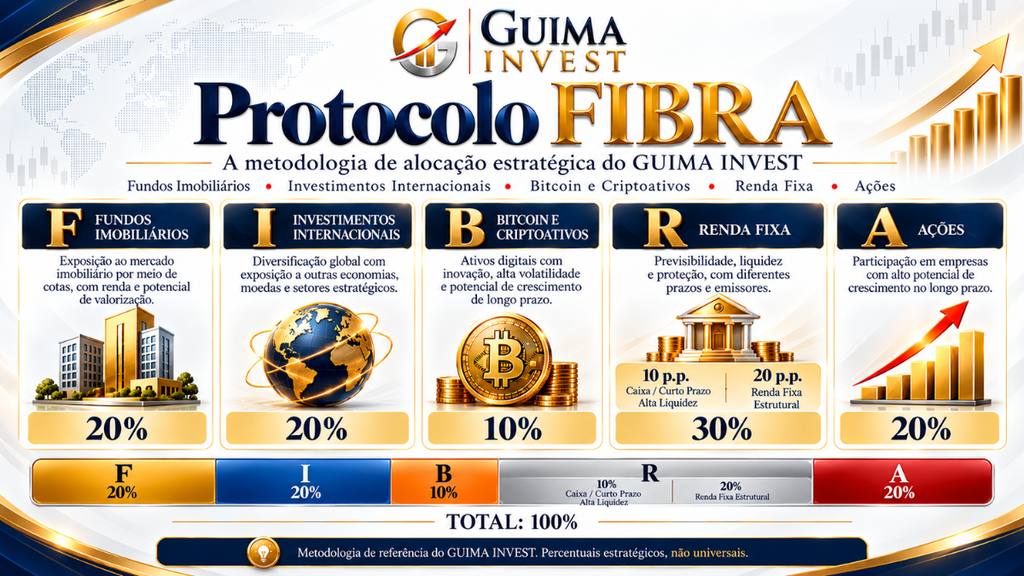 Protocolo FIBRA com 20% em FIIs, 20% em investimentos internacionais, 10% em Bitcoin e criptoativos, 30% em renda fixa e 20% em ações