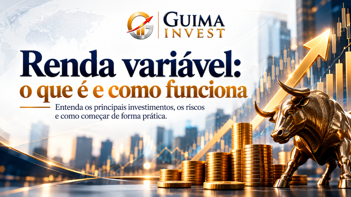 Investir em renda variável: o que é e como funciona, com elementos do mercado de ações e investimentos.