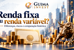 Renda fixa ou renda variável: capa com título de dívida, moedas e touro de mercado, representando a comparação entre investimentos.