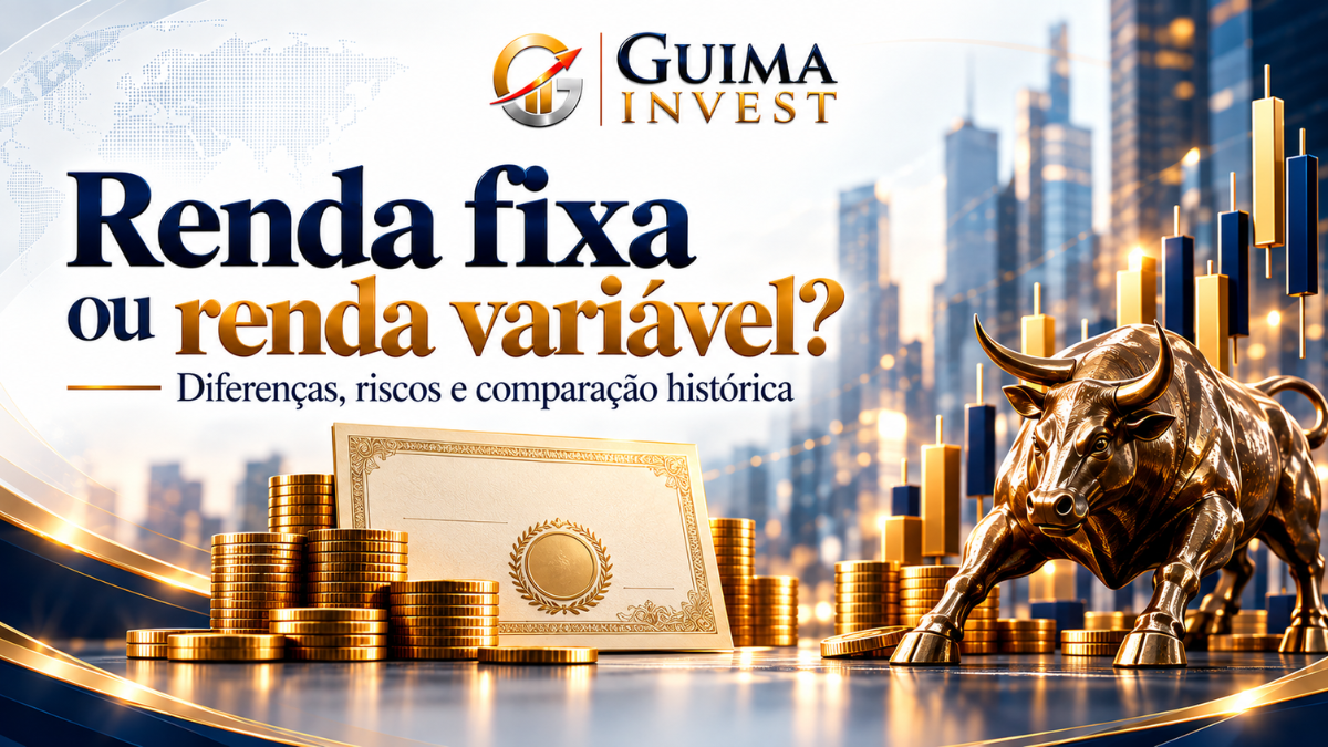 Renda fixa ou renda variável: capa com título de dívida, moedas e touro de mercado, representando a comparação entre investimentos.