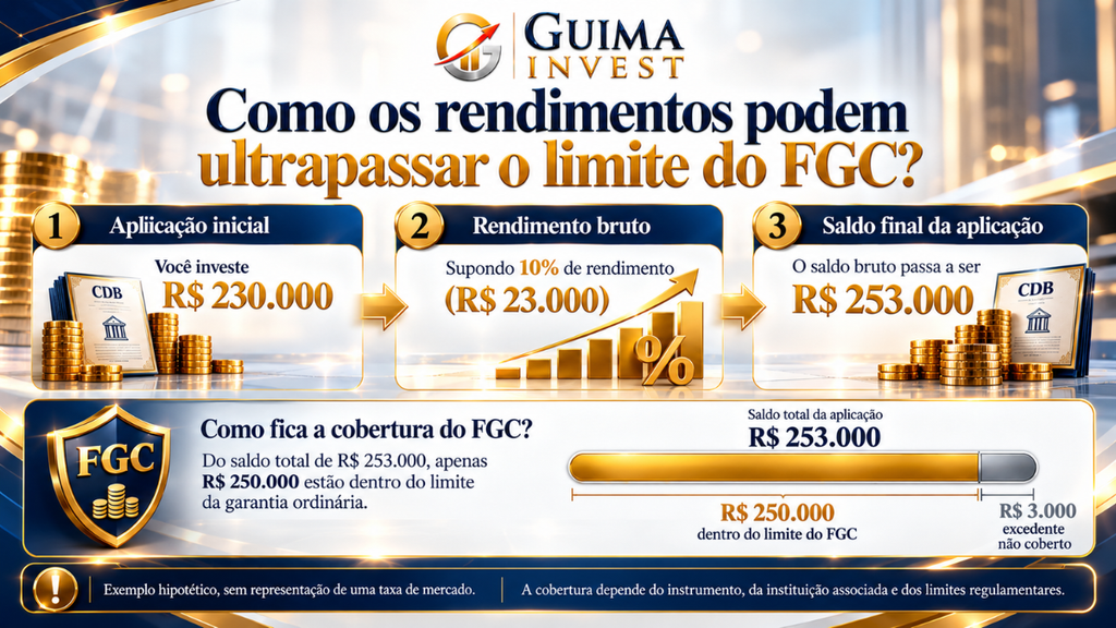 Simulação do Fundo Garantidor de Créditos: investimento de R$ 230 mil que rende 10%, ultrapassando o limite de cobertura em R$ 3 mil.