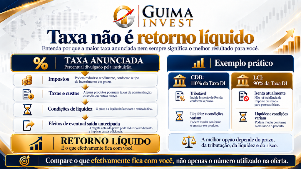 Diferença entre a taxa anunciada de um investimento de renda fixa e o retorno líquido recebido pelo investidor após impostos, custos e demais fatores.