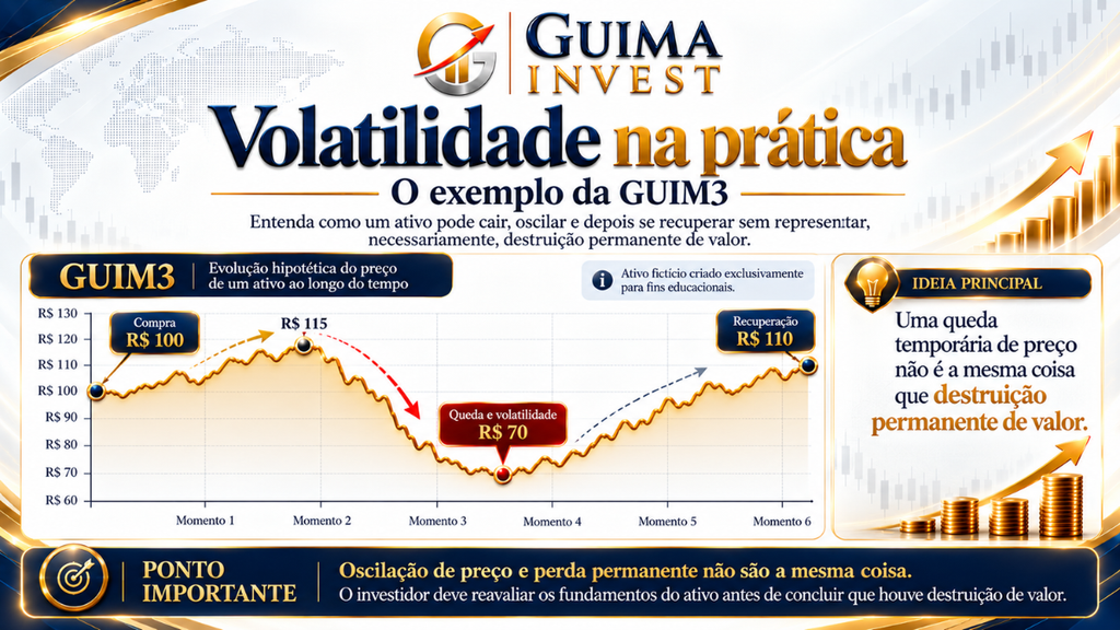 Exemplo de volatilidade na renda variável com o ativo fictício GUIM3, mostrando compra, queda de preço e recuperação.
